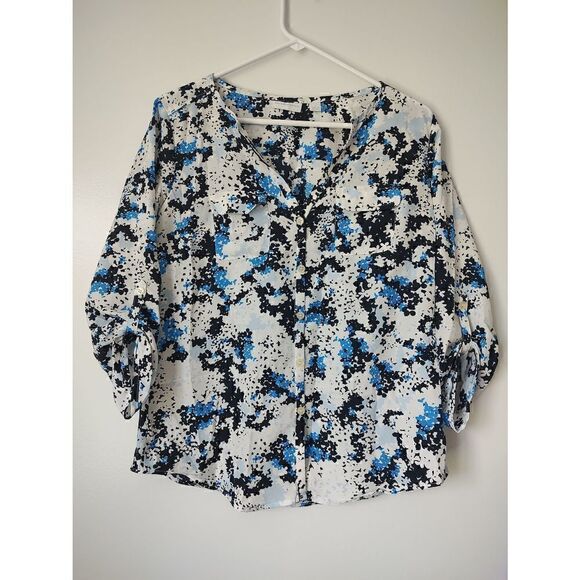 New York & Co. Blouse size small black white blue button down V neck - Picture 1 of 8